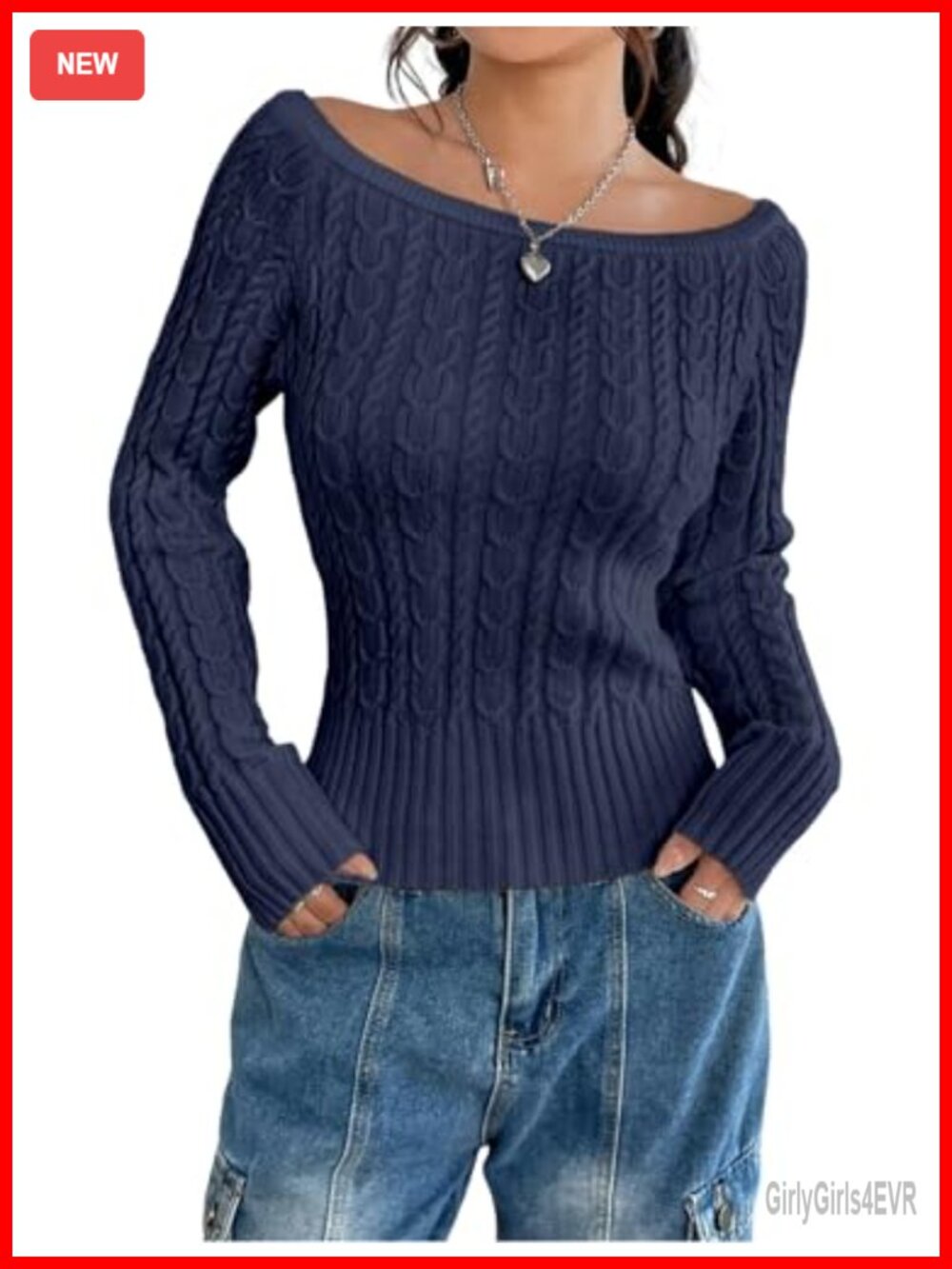 Cable Knit Sweater Boat Neck Off Shoulder Pullover Long Sleeve Women's